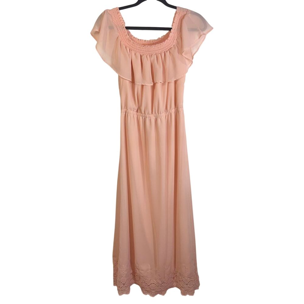 Kaari Blue Light Pink Chiffon Maxi Dress Petite PM Ruffle Lace Hem